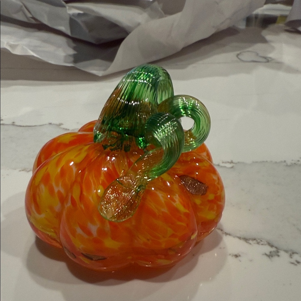 Vibrant Glass Pumpkin Sculpture - Orange and Green
